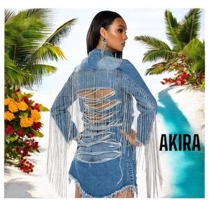 Dolly Sis Rhinestone Long Denim Jacket sz XL NWOT